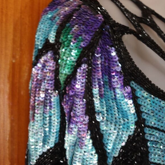 Vintage 80s Silk Sequin Peacock Butterfly Evening Gown Maxi Dress - Picture 5 of 16